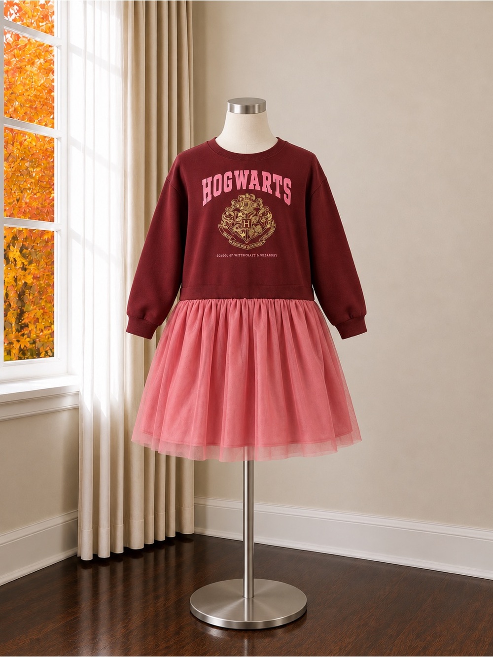 H&M Burgundy Sweatshirt Dress with Pink Tulle Skirt